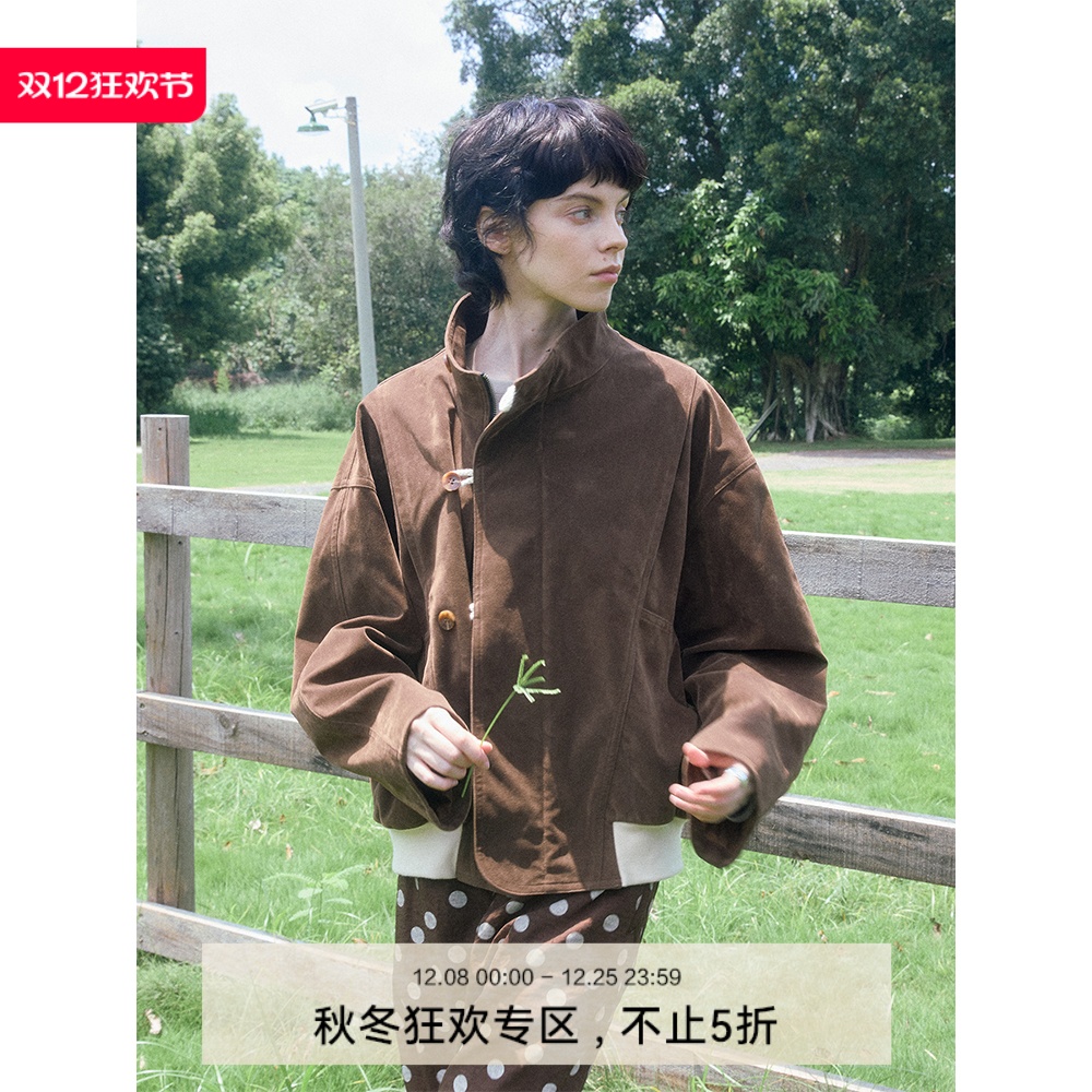 DIMC女装miu系麂皮棉绳扣夹克复古巴恩风哈灵顿立领夹克