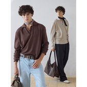 polo衫 秋季 新款 DIMC老钱华夫格V领长袖 海鸥领正肩长袖 T恤