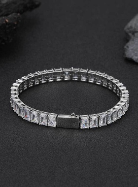 欧美跨境嘻哈手链6mm弹簧扣长方形锆石网球链高级感饰品男士手链