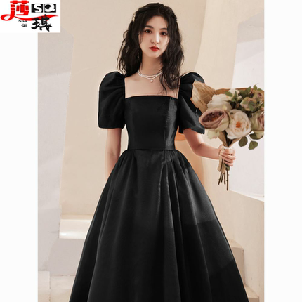 黑色晚礼服女2023新款高级感轻奢小众在逃公主毕业声乐艺考连衣裙