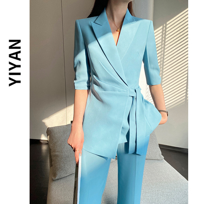 邑颜中袖湖蓝色西服套装女夏季薄