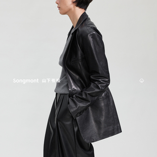 高级感设计师款 女外套 Songmont山下有松绵羊皮黑色皮衣2024新款