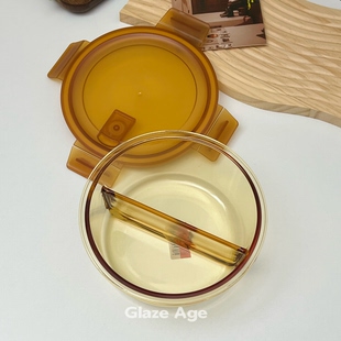 两隔断琥珀色圆玻璃饭盒微波炉碗带盖餐盒便当盒食品级密封保鲜盒