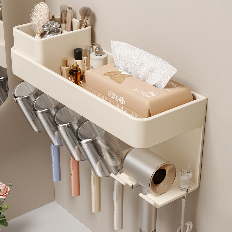 德国牙刷置物架电动牙刷漱口杯卫生间免打孔吹风机洗脸巾一体收纳