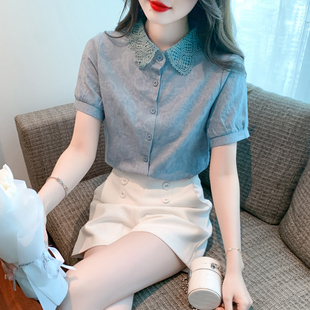 洋气减龄蕾丝翻领衬衫女款夏季设计感小众时尚雪纺衫百搭短袖上衣