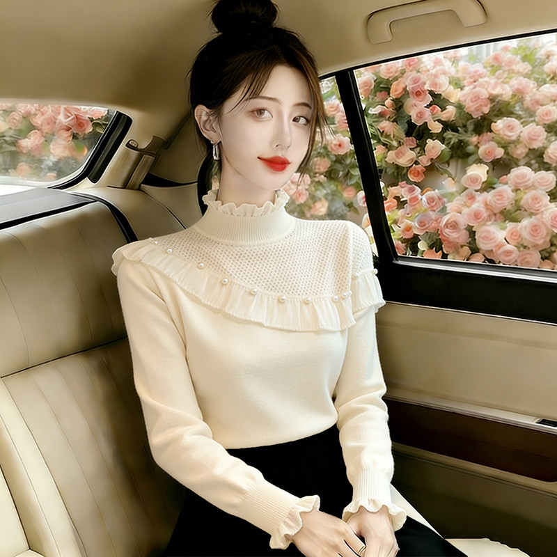 小香风半高领荷叶边针织衫女2025秋冬季新款洋气长袖内搭打底上衣,女装/女士精品,毛针织衫,淘宝优惠券,粉丝福利购,淘宝优惠卷