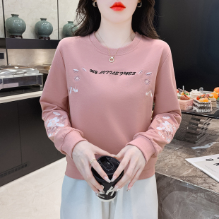 上衣薄款 正肩长袖 秋衣 时尚 高级感洋气粉色圆领女士卫衣春秋23新款