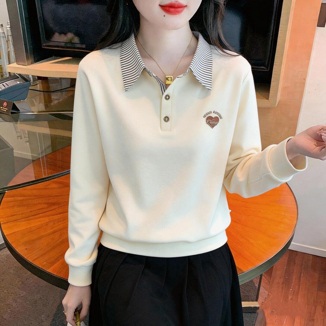 洋气减龄假两件Polo领上衣打底衫2026早春装宽松长袖T恤薄款卫衣