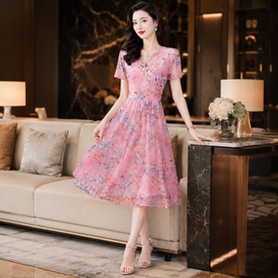 轻奢贵妇碎花连衣裙女款2026夏装气质女人味优雅减龄网纱裙子