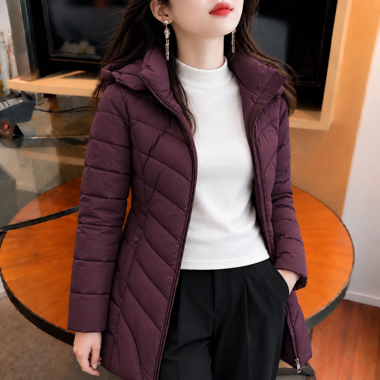 气质时尚中长款连帽棉服女士秋冬季新款洋气收腰外套加厚保暖棉衣