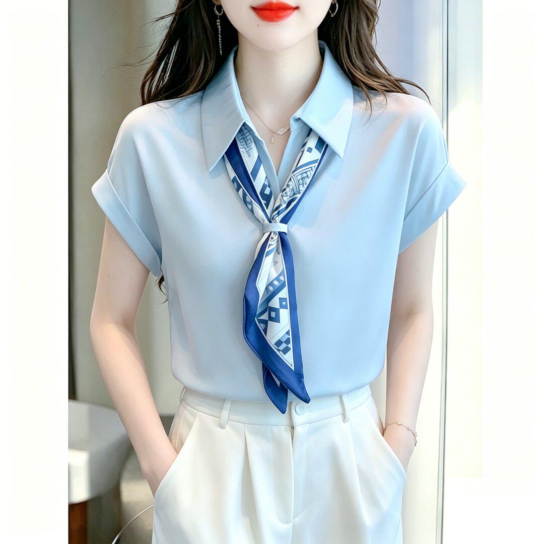 缎面高档雪纺上衣女装夏季2026年新款法式气质职业轻熟风短袖衬衫