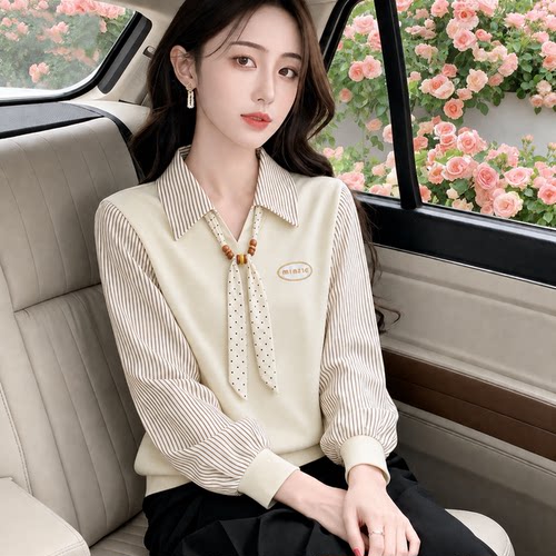 2026早秋新款假两件拼接长袖上衣女装百搭薄款秋衣丝巾POLO领卫衣