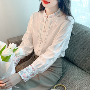新中式国风刺绣白色雪纺衬衫女士春秋2026款旗袍小衫复古长袖上衣