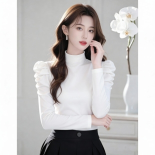 高级感泡泡袖半高领德绒打底衫女秋冬款气质内搭长袖T恤修身上衣