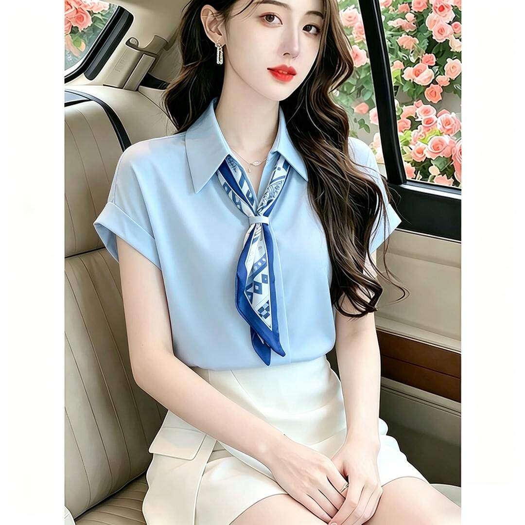 缎面高档雪纺上衣女装夏季2026年新款法式气质职业轻熟风短袖衬衫