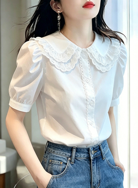 时尚气质白色娃娃领短袖衬衫女装夏装法式宽松甜美减龄泡泡袖上衣