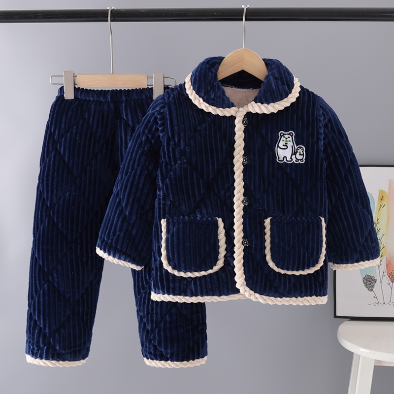 冬季加厚保暖法兰绒三层夹棉1-5岁儿童睡衣女童加绒6大童7家居服8