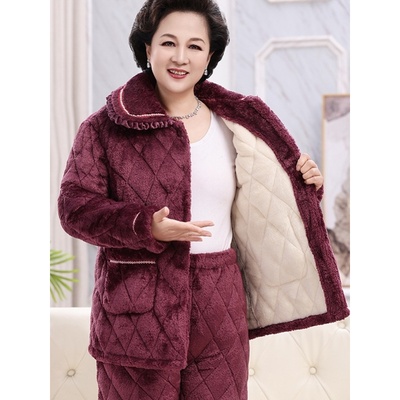 中年妈妈睡衣女秋冬季纯棉三层夹棉袄加厚保暖婆婆中老年人家居服