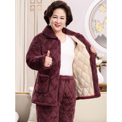冬季中年妈妈睡衣女三层夹棉加厚纯棉秋冬家居服中老年人全棉套装
