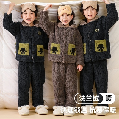 宝宝法兰绒睡衣秋冬季三层夹棉加厚男童中大童儿童家居服加绒特厚