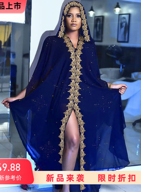 African plus size hot diamond bead embroidery hooded dress