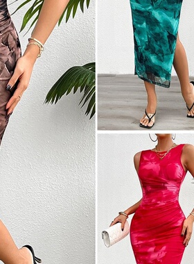 Slim Sleeves Dress Casual Printed Bodycon欧美无袖连衣裙女