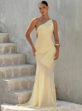 斜肩无袖露背连衣裙网纱长裙 Cross Shoulder Sleeveless Dress