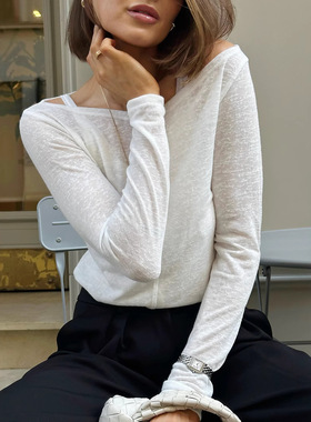 一字领白色长袖T恤背心两件套 T-shirt Tank Top Two Piece Set