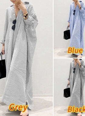 日系跨境宽松大码长袖条纹棉麻衬衫裙春秋韩版胖MM过膝长裙