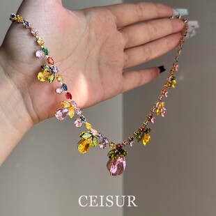 【繁花似锦】春日花朵浮夸彩宝项链超重工中古设计感满钻项链宴会