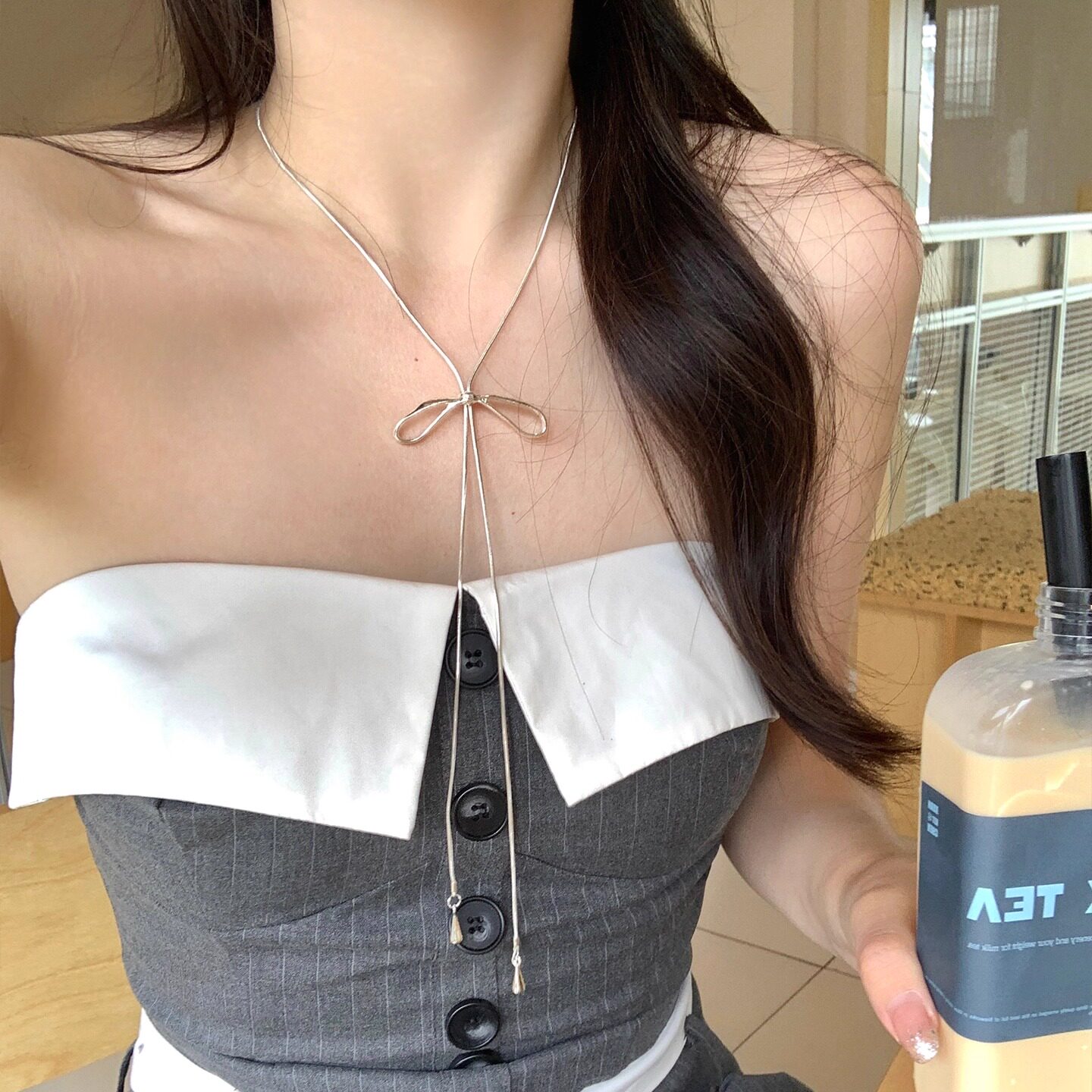 韩系蝴蝶结吊坠长款抽拉项链女轻奢小众百搭毛衣链挂脖配饰颈链