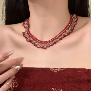 唐宋美学！【惊鸿黛影】宫廷风多层蕾丝项链新中式红蓝撞色锁骨链