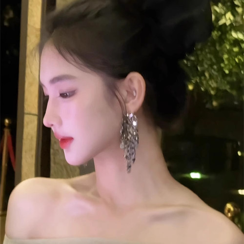 银色金属亮片流苏耳环女复古宫廷
