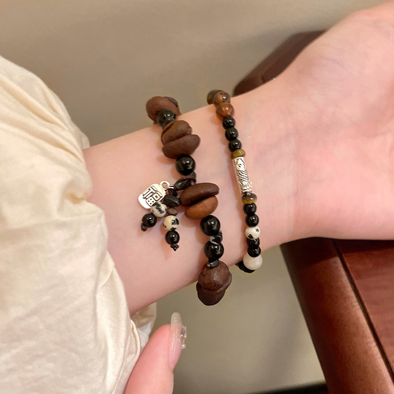 新中式咖啡豆虎眼石串珠手链女小众设计感手串复古叠戴情侣手饰男