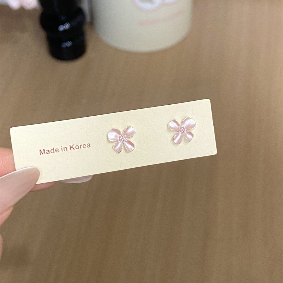 925银粉色栀子花耳钉甜美气质简