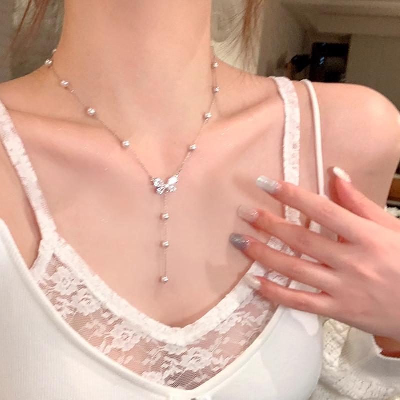 海边度假闪锆蝴蝶珍珠项链女配裙子轻奢小众高级感颈链配饰锁骨链