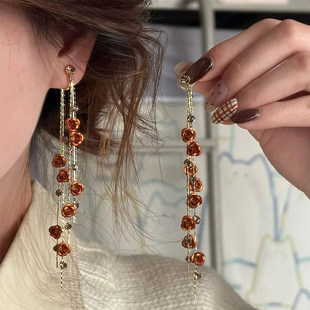 「繁花似秋」知性风~长款设计宫廷风古棕色玫瑰花流苏耳环耳夹~
