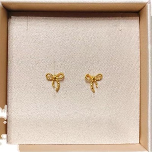 蝴蝶结耳钉18K金麻花绳扭曲镂空仿黄金沙金色耳饰简约个性 耳环潮