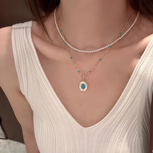 绿松石白贝母万能扣吊坠水晶珍珠项链女叠戴高级感气质锁骨颈链