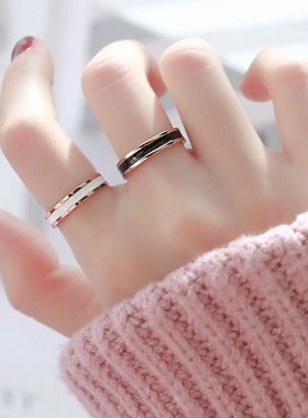 玫瑰金窄版网红黑白滴胶戒指男女