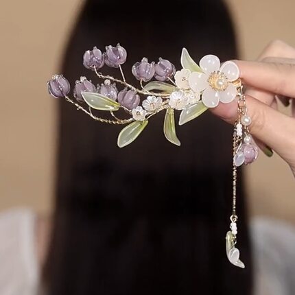 古风紫色铃兰侧边发夹高级感超仙气质古典汉服中国风成人顶夹新款