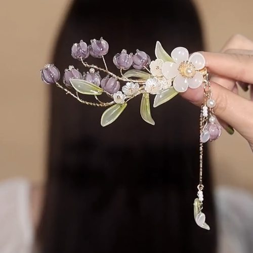 古风紫色铃兰侧边发夹高级感超仙