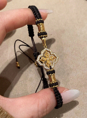 18K金色镶钻十字金刚杵手链绳女黑色编织绳轻奢小众设计时尚手饰