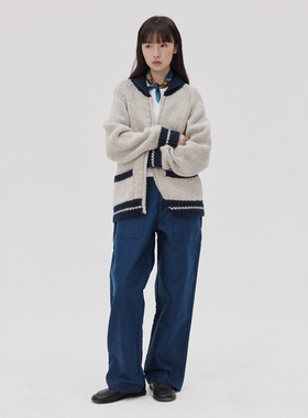 WHIMIN 羊毛复古拼色拉链毛衣开衫外套男女同款