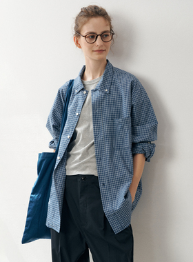 WHIMIN 定织复古格纹长绒棉长袖衬衫男女同款蓝色格子衬衣
