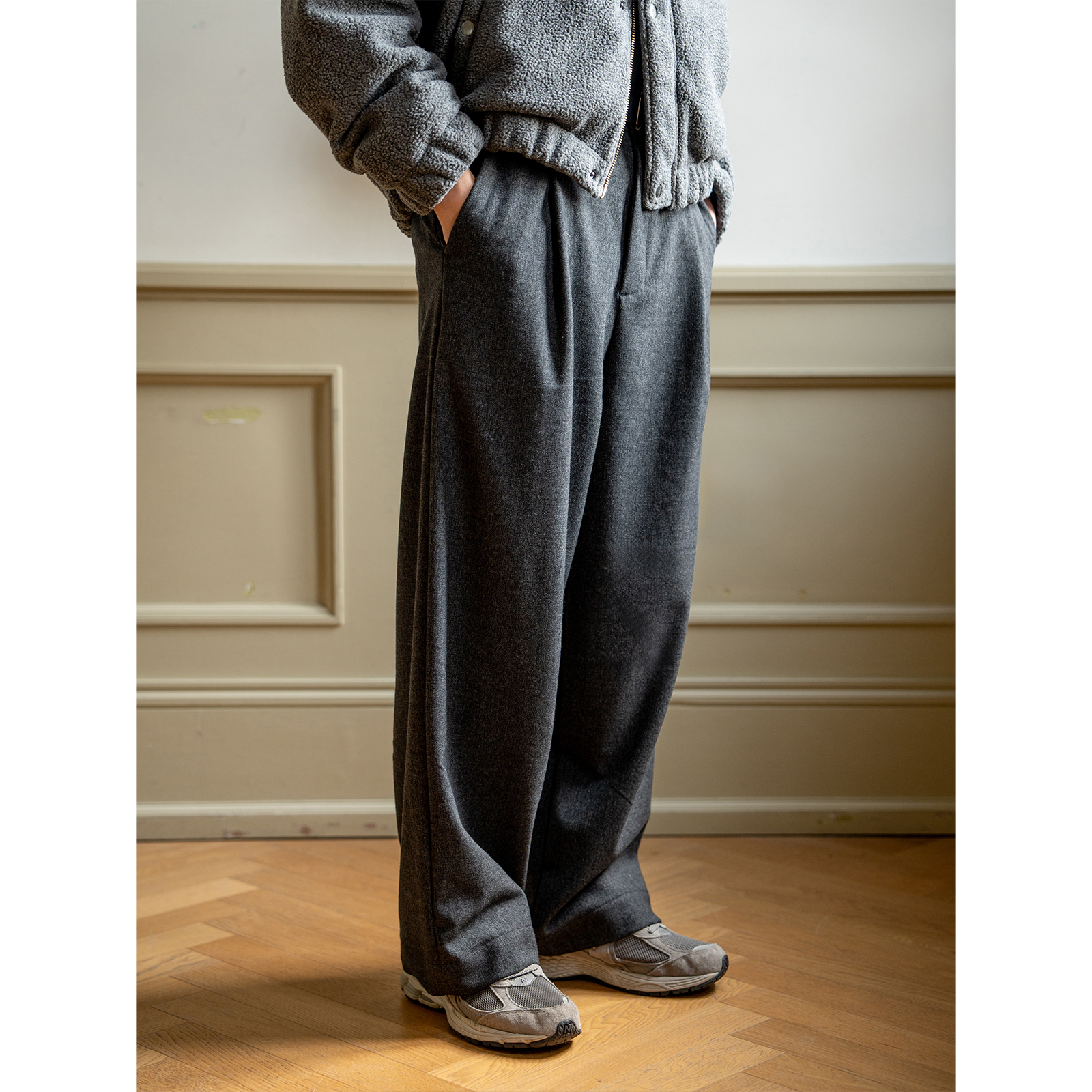 WHIMIN仿羊毛单褶宽版长裤