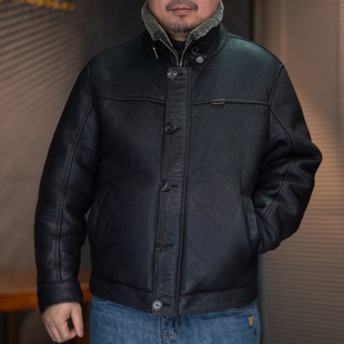 8018N原生态羊皮毛一体男甲板服美式复古做旧重水洗真皮立翻领