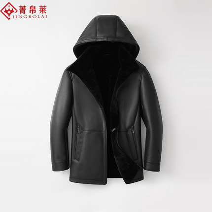 新款真皮毛一体外套男中长款绵羊皮剪绒加厚大衣活帽黑色多口袋