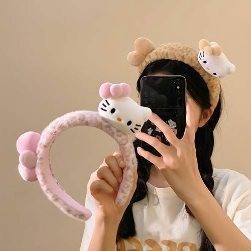 可爱毛绒豹纹k猫发箍头饰卡通粉