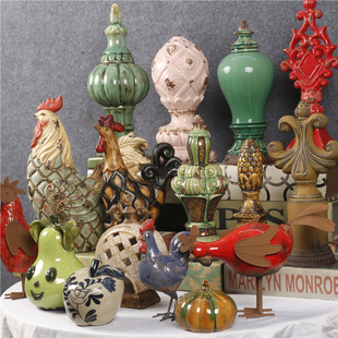 外贸样品美式做旧陶瓷公鸡动物家居玄关过道桌面创意设计装饰摆件